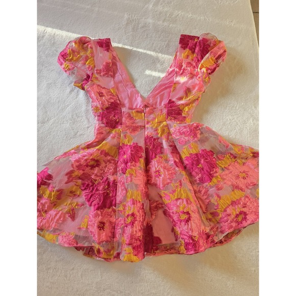 Showpo. Dresses & Skirts - Barbie Core Coquette Showpo Floral Organza Fit Flare Plunge Mini Dress Pink US 4